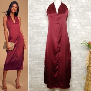 BISHOP + YOUNG Camila Burgundy Satin Twist Back Shift Dress Size Small